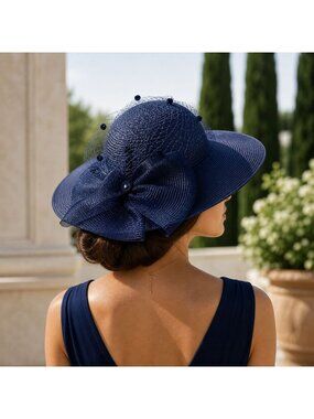 Navy Blue Wide Brim Disc Hat VTG Bow Veil Church Derby Wedding Formal Fashion